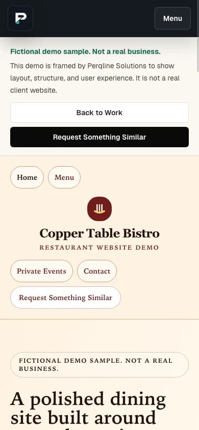 Copper Table Bistro fictional website demo shown on mobile