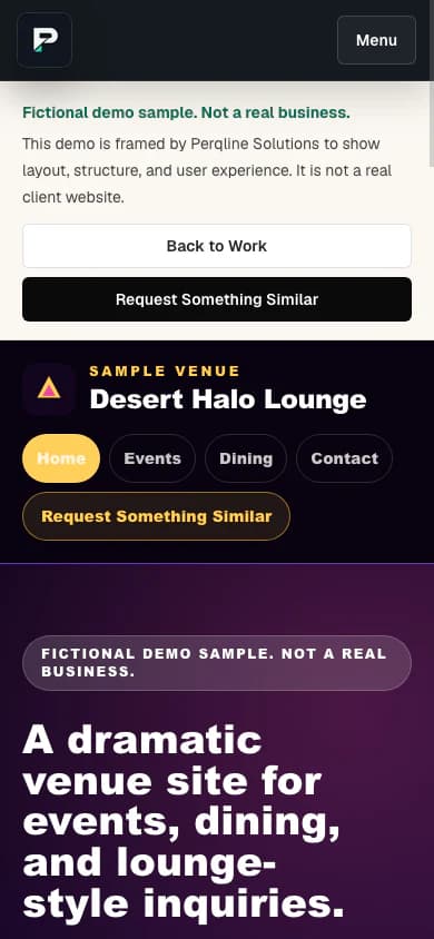 Desert Halo Lounge fictional demo homepage shown at mobile width