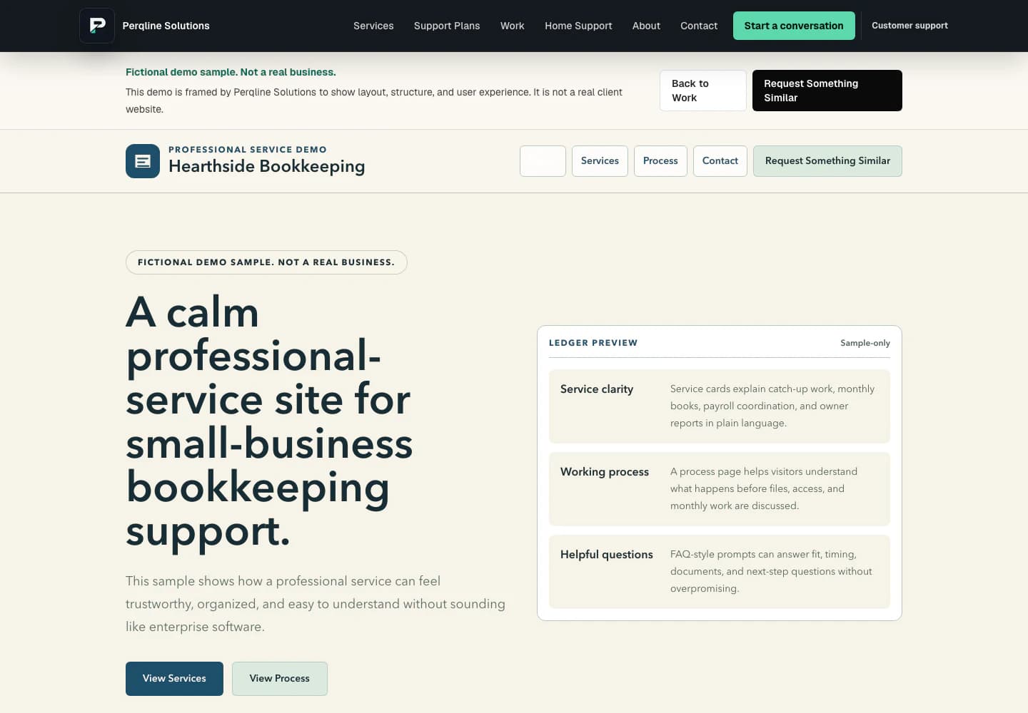 Hearthside Bookkeeping fictional demo homepage shown at desktop width
