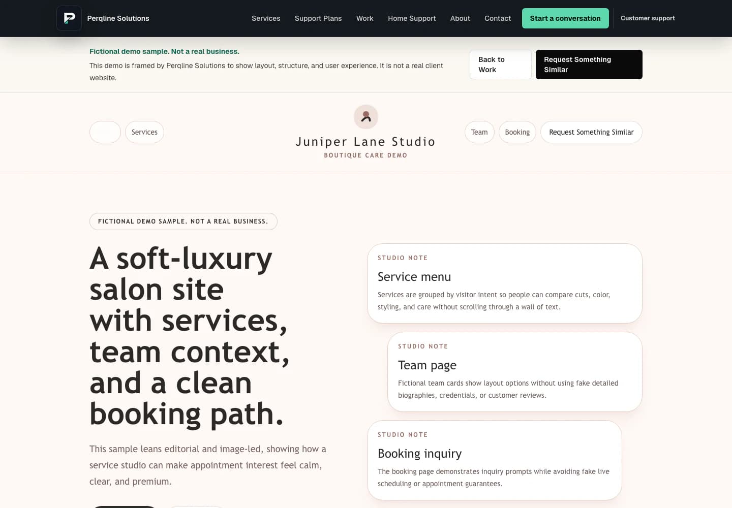 Juniper Lane Studio fictional demo homepage shown at desktop width