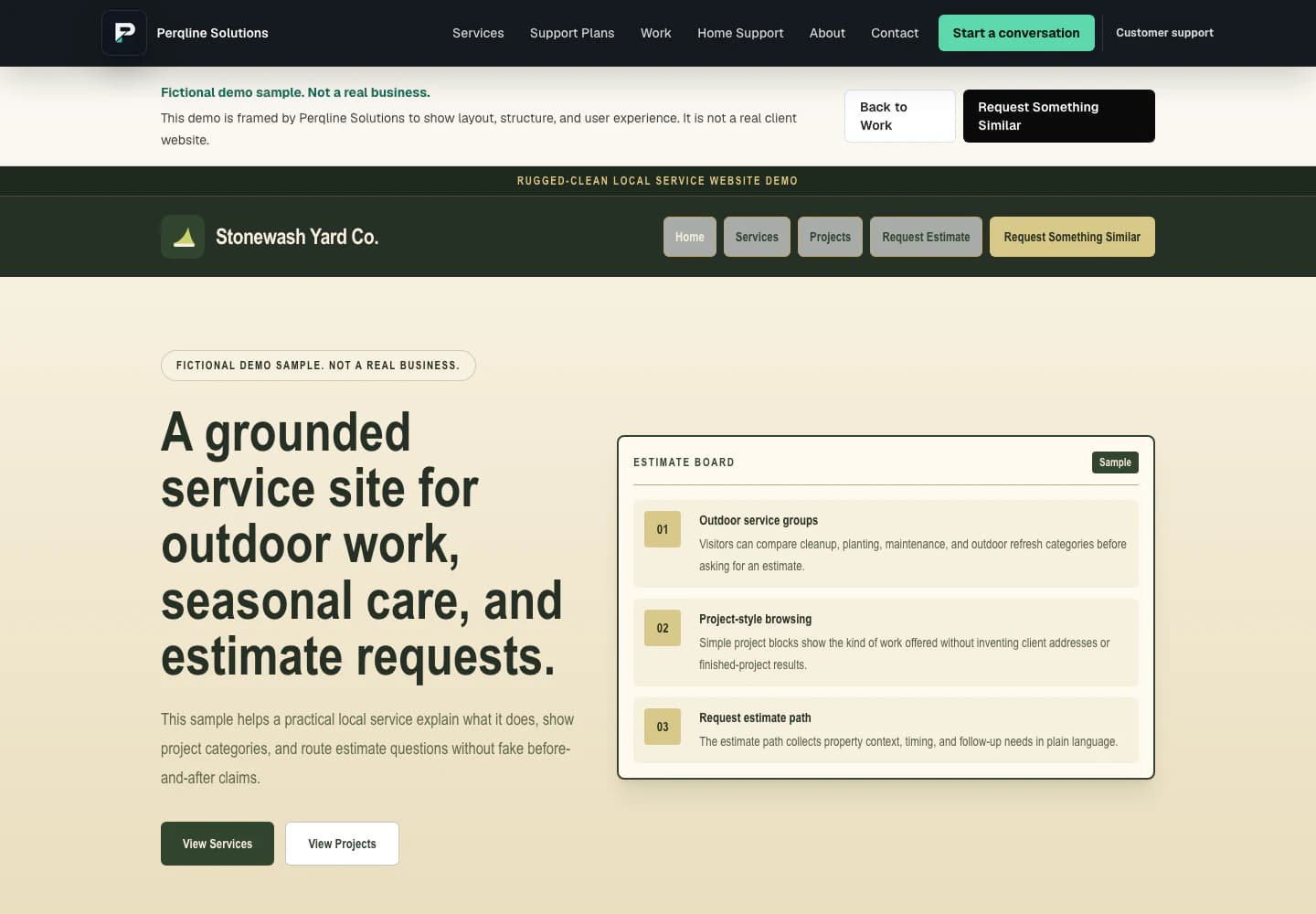 Stonewash Yard Co. fictional demo homepage shown at desktop width