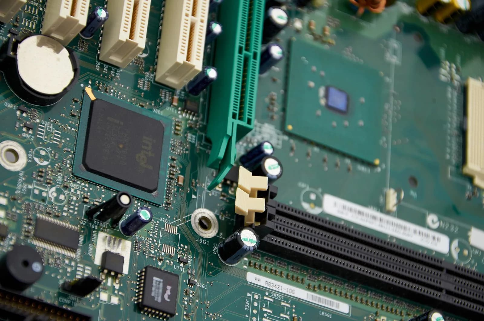 Close view of components on a computer motherboard