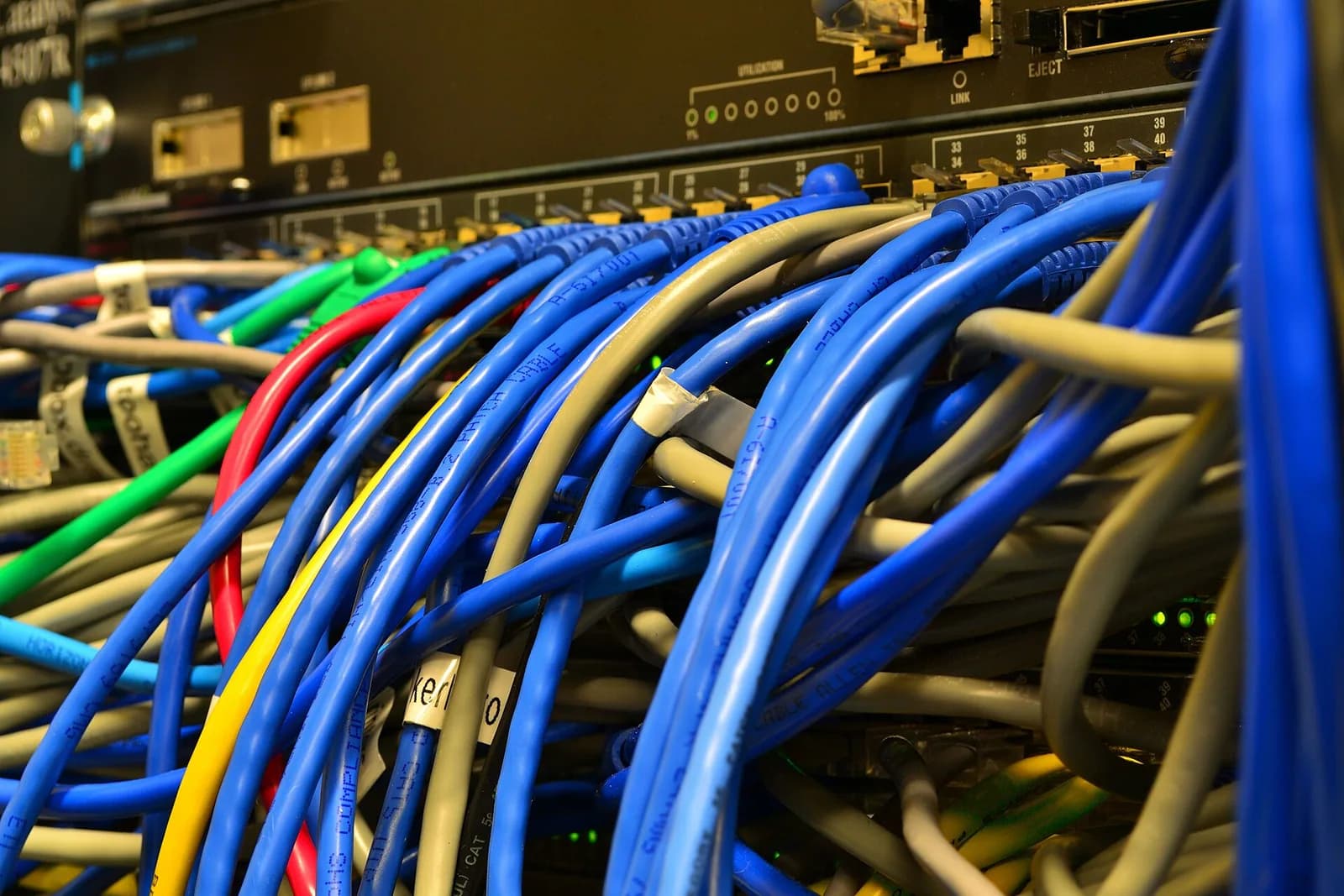 Ethernet cables connected to network switches