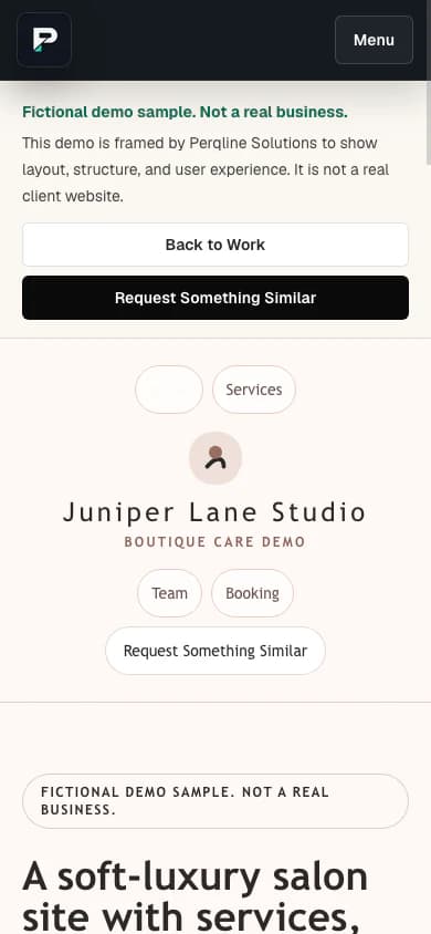 Juniper Lane Studio fictional demo homepage shown at mobile width