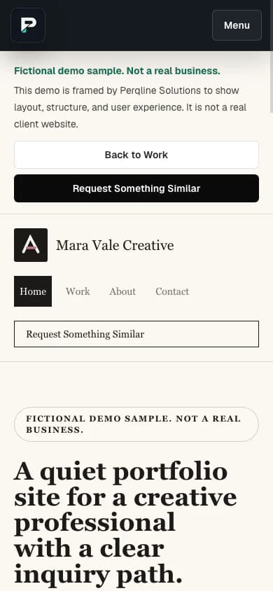 Mara Vale Creative fictional demo homepage shown at mobile width