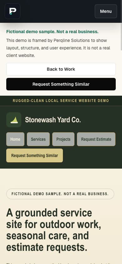 Stonewash Yard Co. fictional demo homepage shown at mobile width